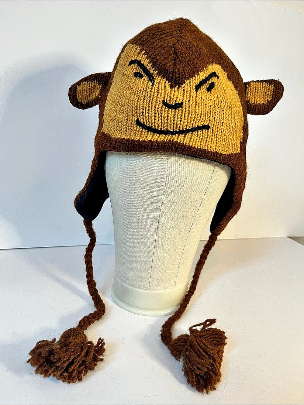 Monkey Knit Hat with Ear Flaps Brown & Yellow Like New